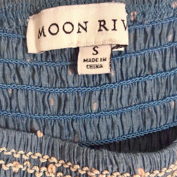 Moon River Teal Tan Smocked Square Neck Puff Sleeve Flowy Boho Midi Dress Small - Picture 7 of 7